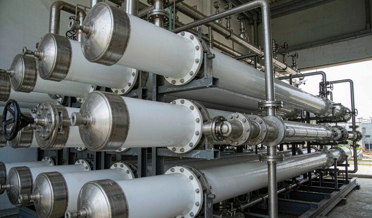 Inside the skid: seawater RO pressure vessels and stainless-steel piping.